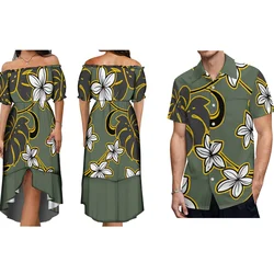 Custom Polynesian Dress Blue Samoan Tribal Print Pleated Fishtail Dress Party Off-The-Shoulder Dress And Hawaiian Men'S Shirt