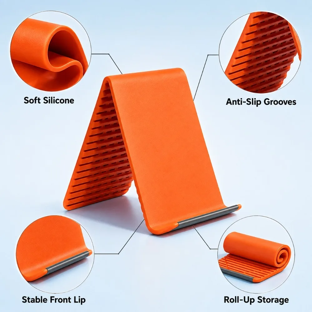 Foldable Phone Stand Portable Silicone Flexible Holder for Tablet Laptop Desktop Reading Video Calls Travel Office and Home