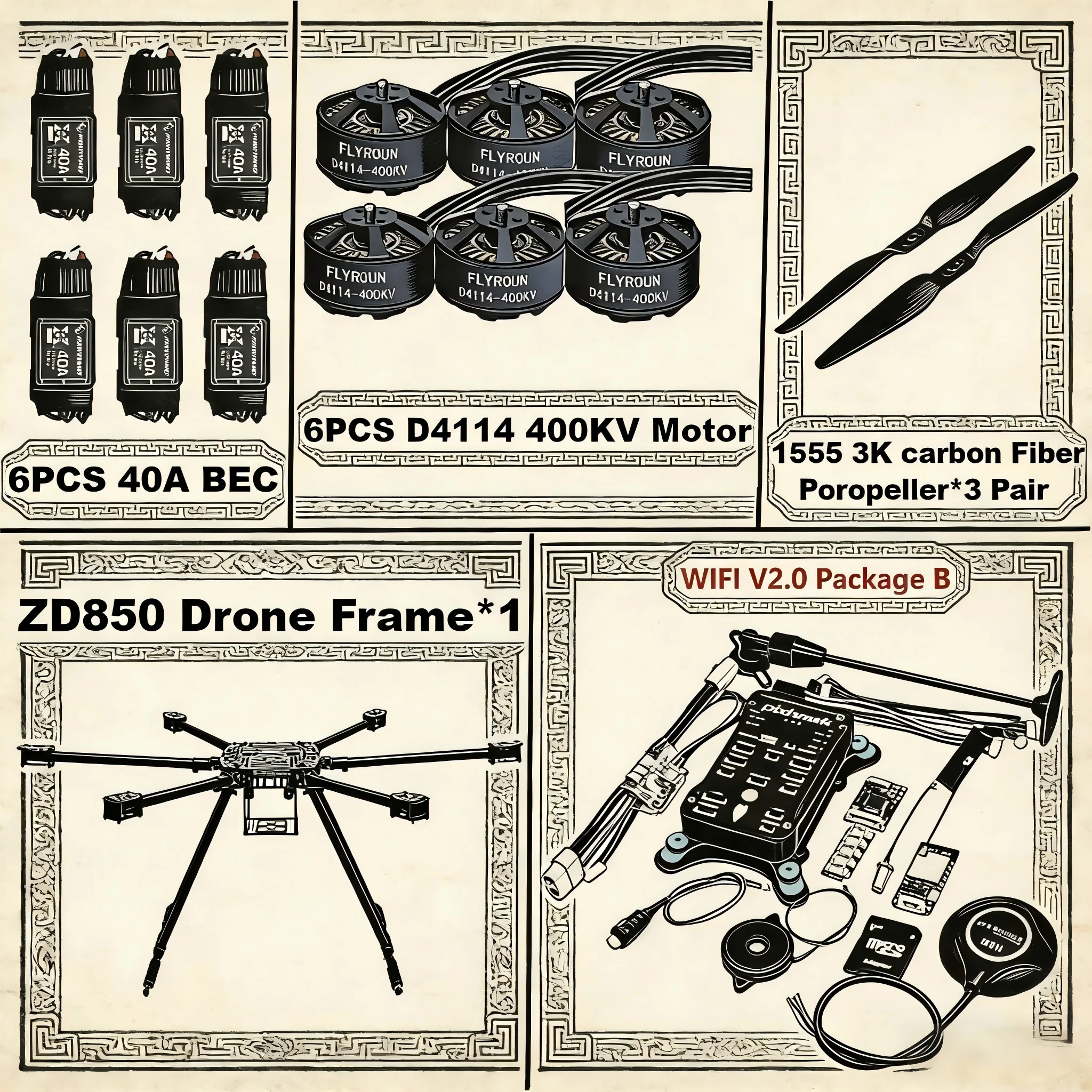 Rctosky ZD850 2.4.8 M8N Full Carbon Fiber 850mm Hexa-Rotor Frame BLHELI 40A ESC Flight Comtrol Rado Telemetry  Set