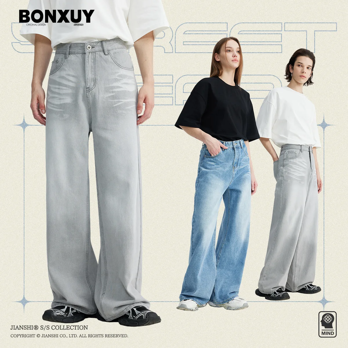 BONXUY  Korean style design sense of whiskers, wide-leg baggy jeans for men, American trendy brand, versatile straight trousers