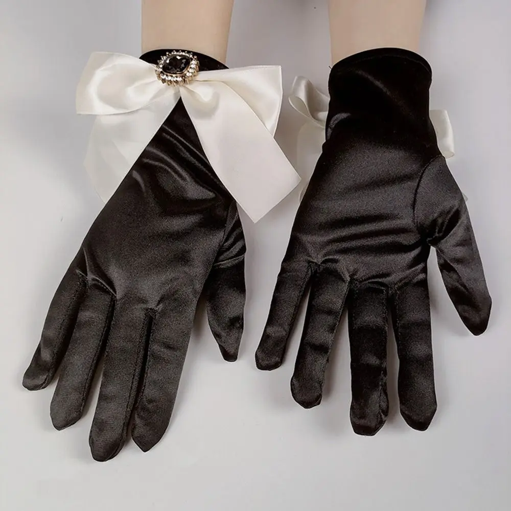 Protection Women Bowknot Rhinestone Black White Prom Dinner Gloves Women Gloves Satin Mittens Wedding Bridal Gloves Bow Gloves