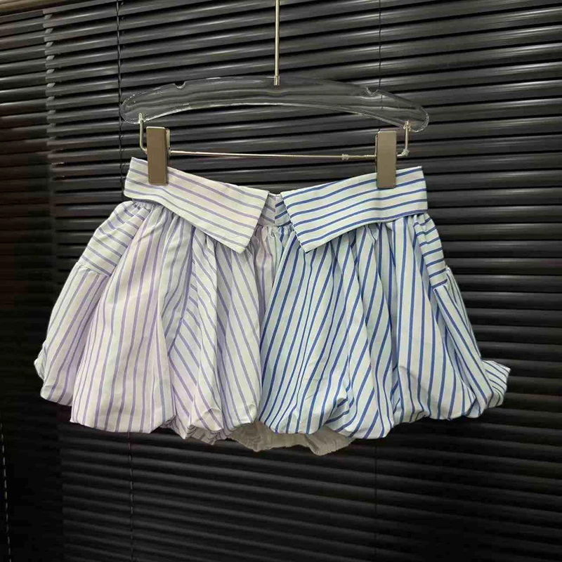 

Y2K Sweet Streetwear Striped Mini Skirt Women Aesthetic Patchwork Striped Bubble High Waist Slim Fit Short Skirt With Tie Summer