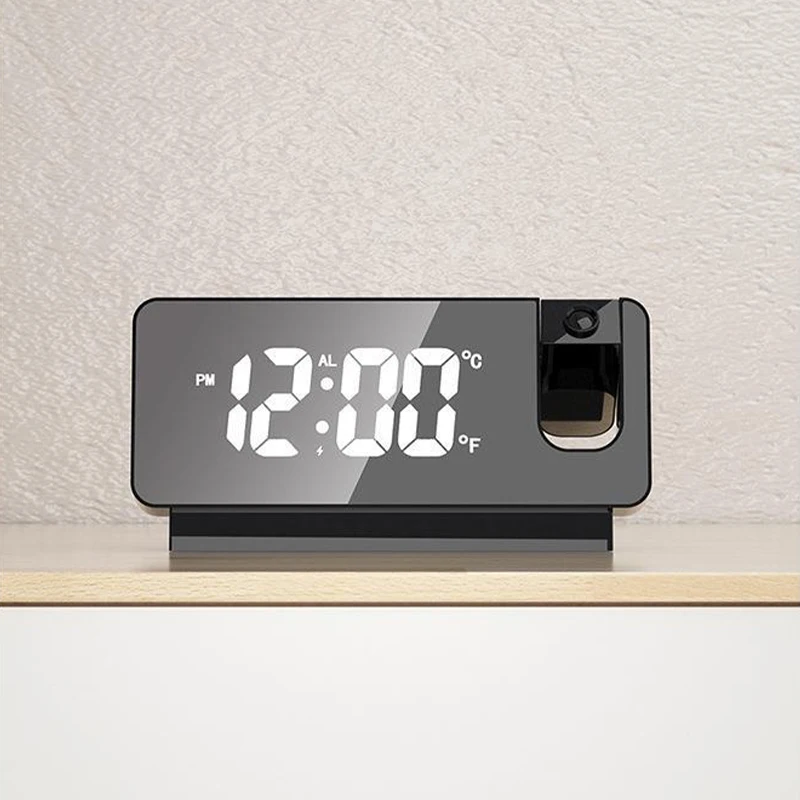 

Temperature Calendar Snooze Brightness Adjustment Black White Mirror Mute Red Line Projection Alarm Clock