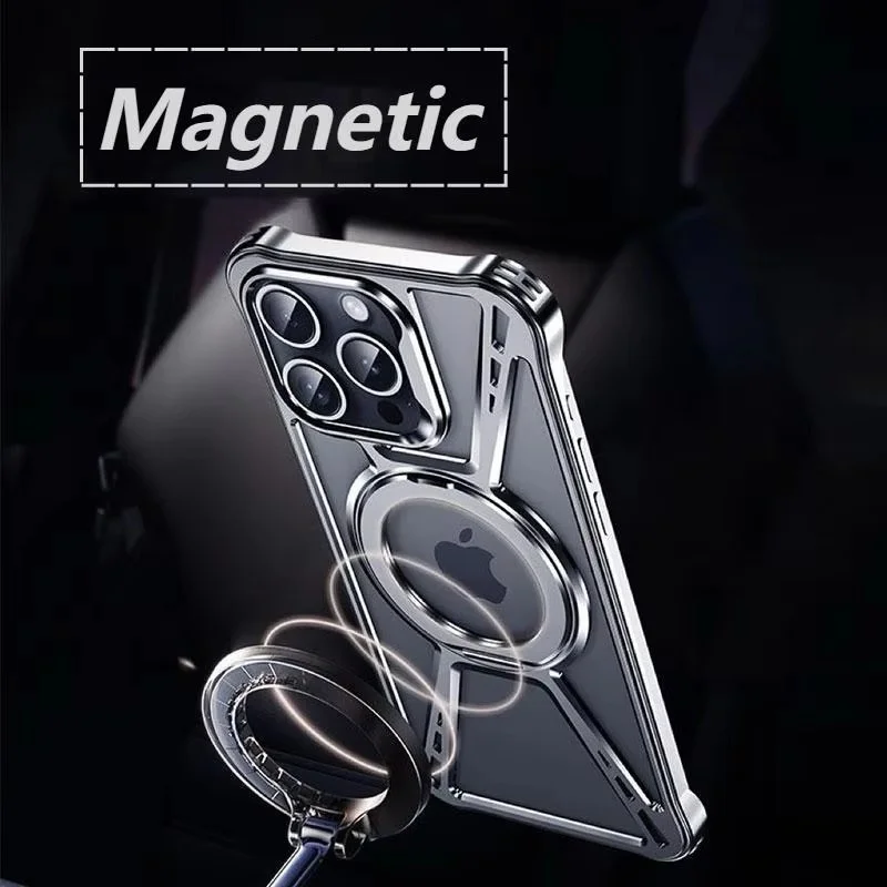 No Border Magnetic Aluminum Alloy Anti-Fall Cover For iPhone 15 16 Pro Max Metal invisible Bracket Phone Case For iPhone 14Pro