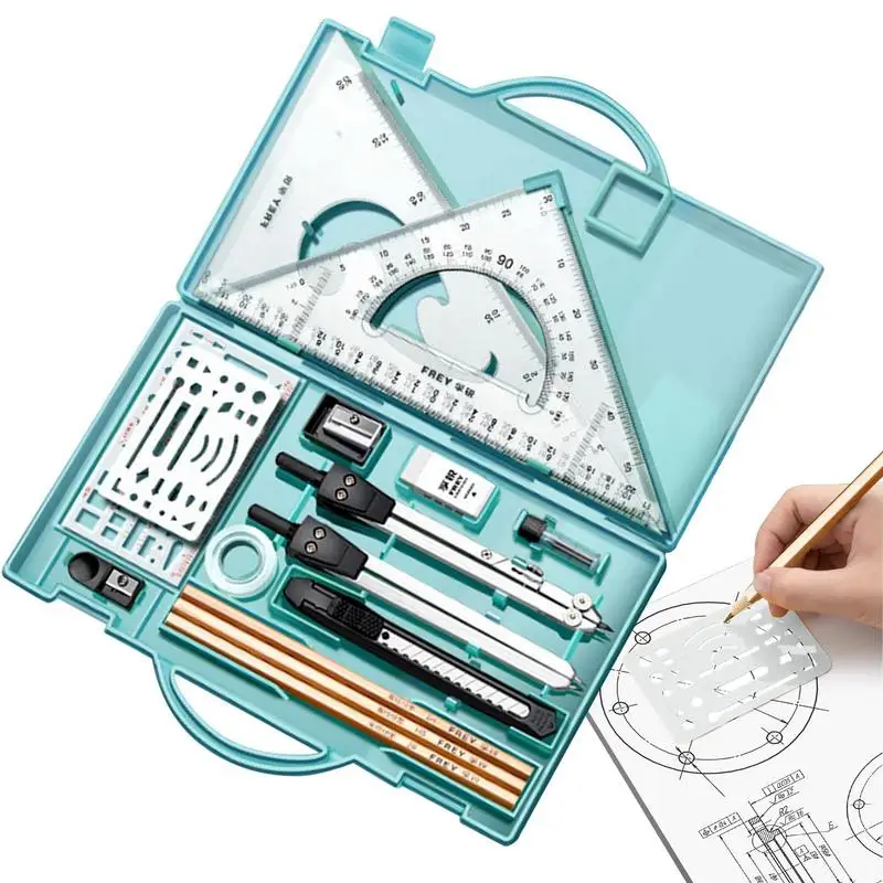 Geometry Set 16 PCS Professional Geometry Set With Metal Rulers Triangle Ruler Compass Protractor Set Drafting Supplies