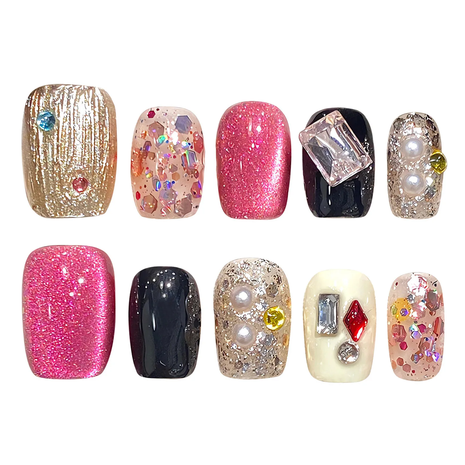 Handmade Press on Nails Glitter Pink Sequins Cat Eyes Glossy Fake Nails Full Cover Short Square Shiny Crystal Design False Nails