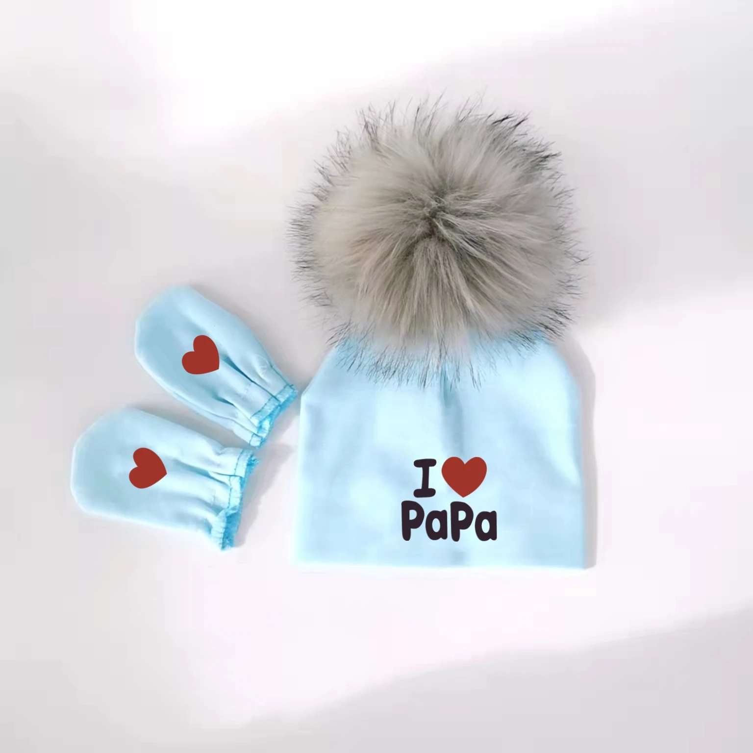 Gorro de algodão com pompom para bebê recém-nascido, adereços fotográficos, chapéu destacável, gorro com luvas, capas para os pés, eu amo mamãe