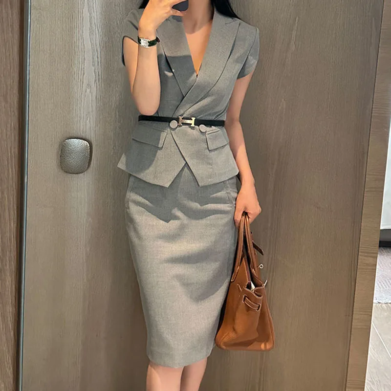 Suit skirt women\'s summer new professional dress slim fashion short sleeve suit slim skirt two-piece suit