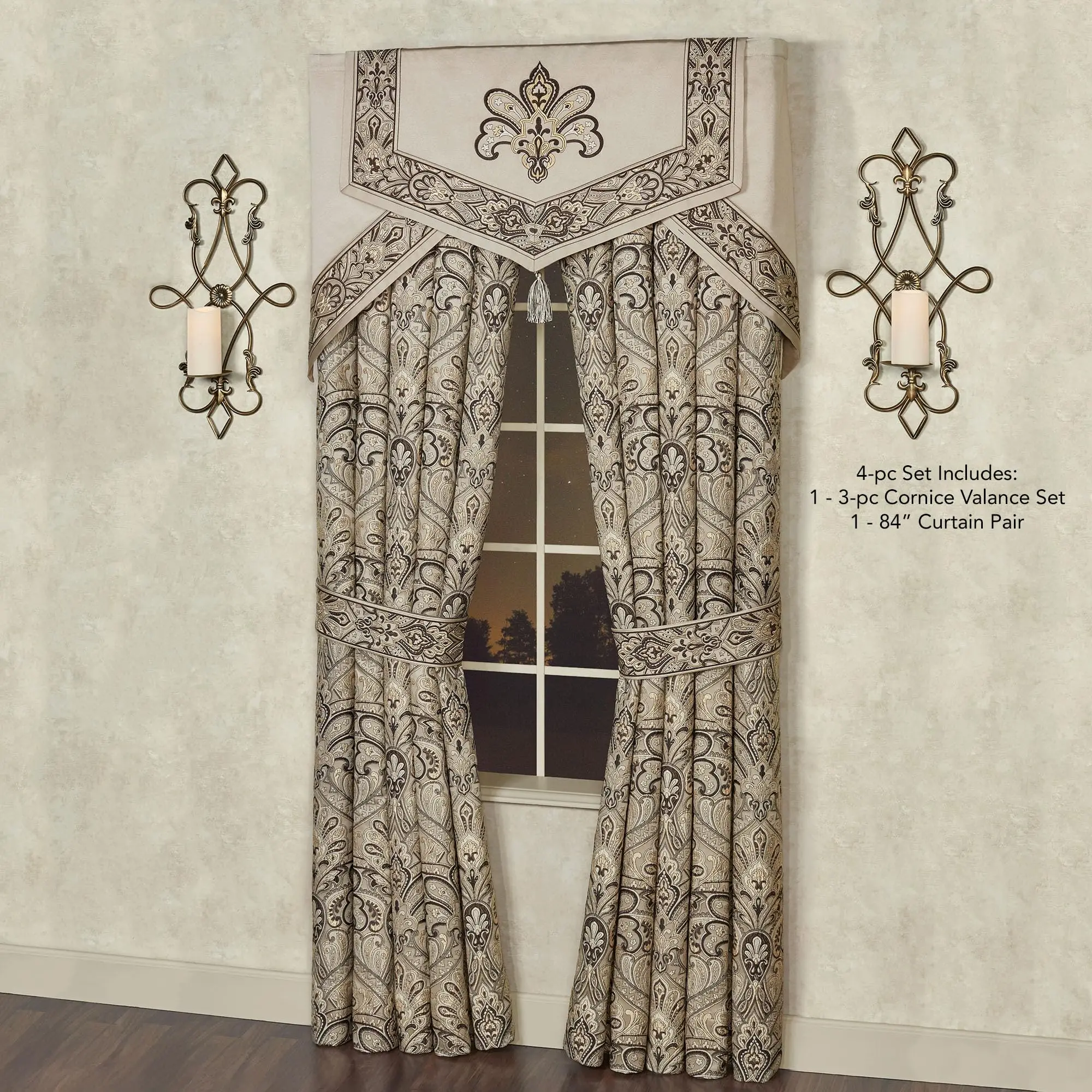 Traditional Style Landon Luxury Window Cornice Valance & Wide Curtains Set