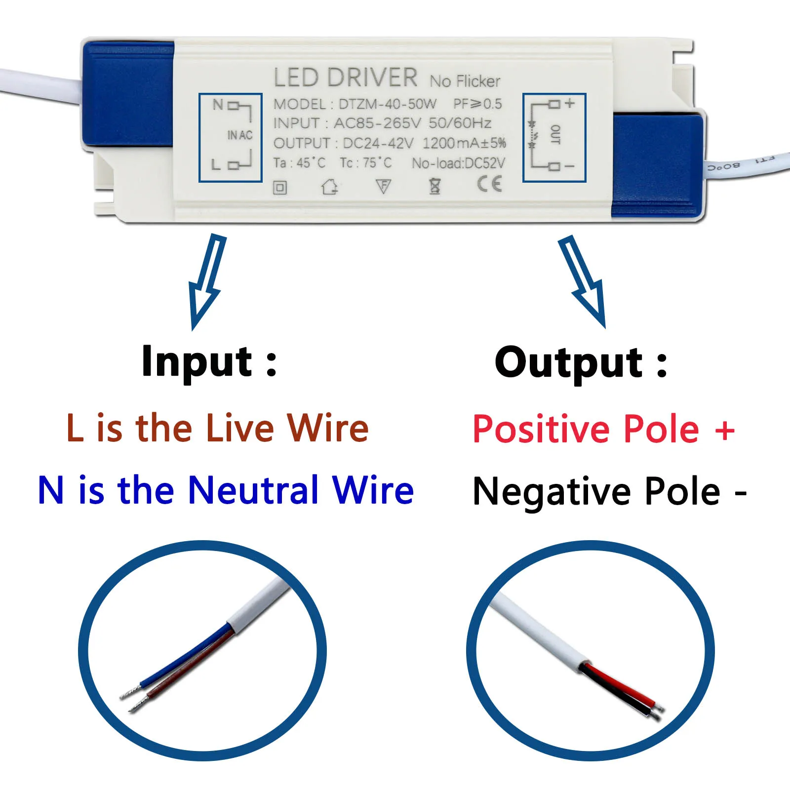 LED 40-50W Panel Lamp Power Supply Lighting Transformer DC24-42V Output AC85-265V 1200mA 1500mA LED External Driver DC Connector