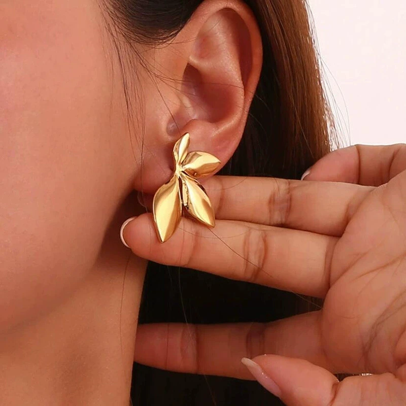 Htpwe Stainless Steel Flower Leaf Stud Earrings For Women 18k Gold Plated Couple Holiday Gift Earrings Party Daily Jewelry