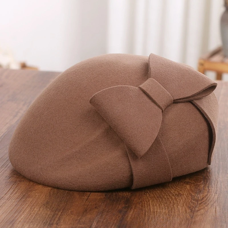 French Elegant Mesh-Bow Wool Beret Hats for Women Soft Warm Painters Cap Artist Cocktail Church Wedding Pillbox Hat Fascinator