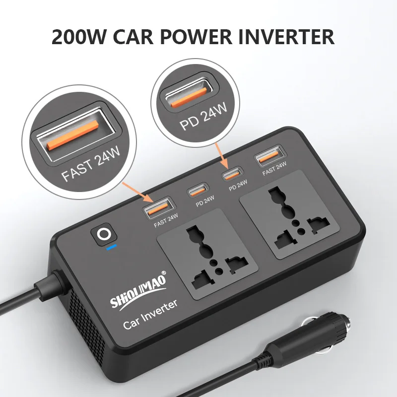 200W Car Power Inverter PD Fast Charging USB Multi-functional Socket Auto DC to AC Power Converter