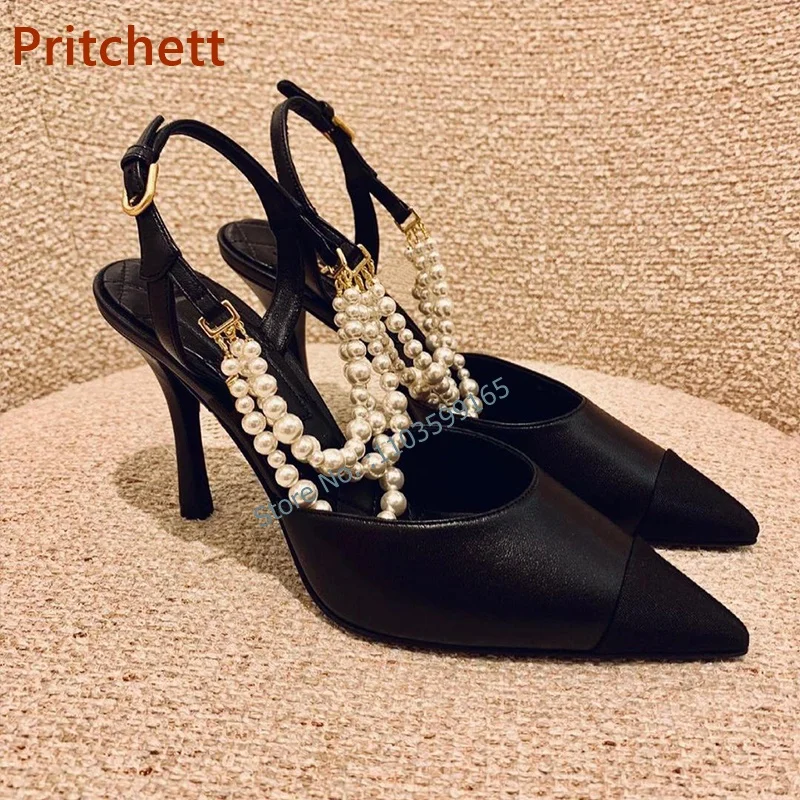 

Ankle Pearl Chain Pointy Toe Sandals Buckle Strap Slingback High Heels Women's Shoes Solid Black Stiletto Shoes Summer Elegant