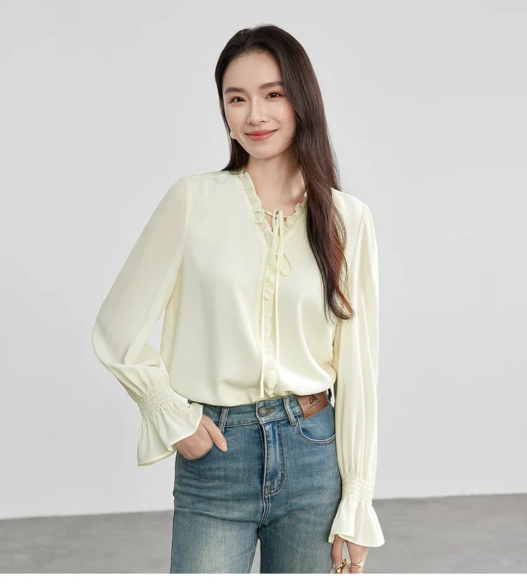 SENTUBILA V Neck Ruffles Blouses for Women 2025 Spring Commute Flare Sleeve Lace-up Solid Basic Elegant Pullover Tops 151V57909