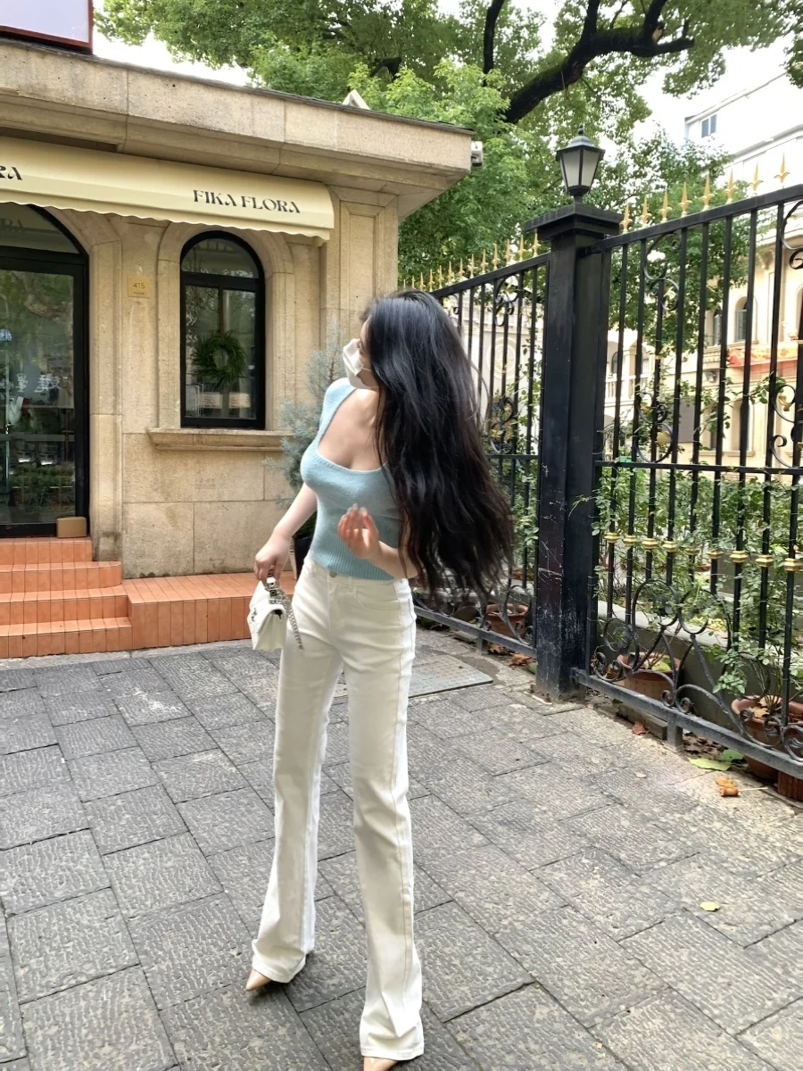 

Low Waist Women's Jeans with Hip Padding White Elastic Slimming Micro Flared Faionable Long Pants Casual Cotton Stretch Denim