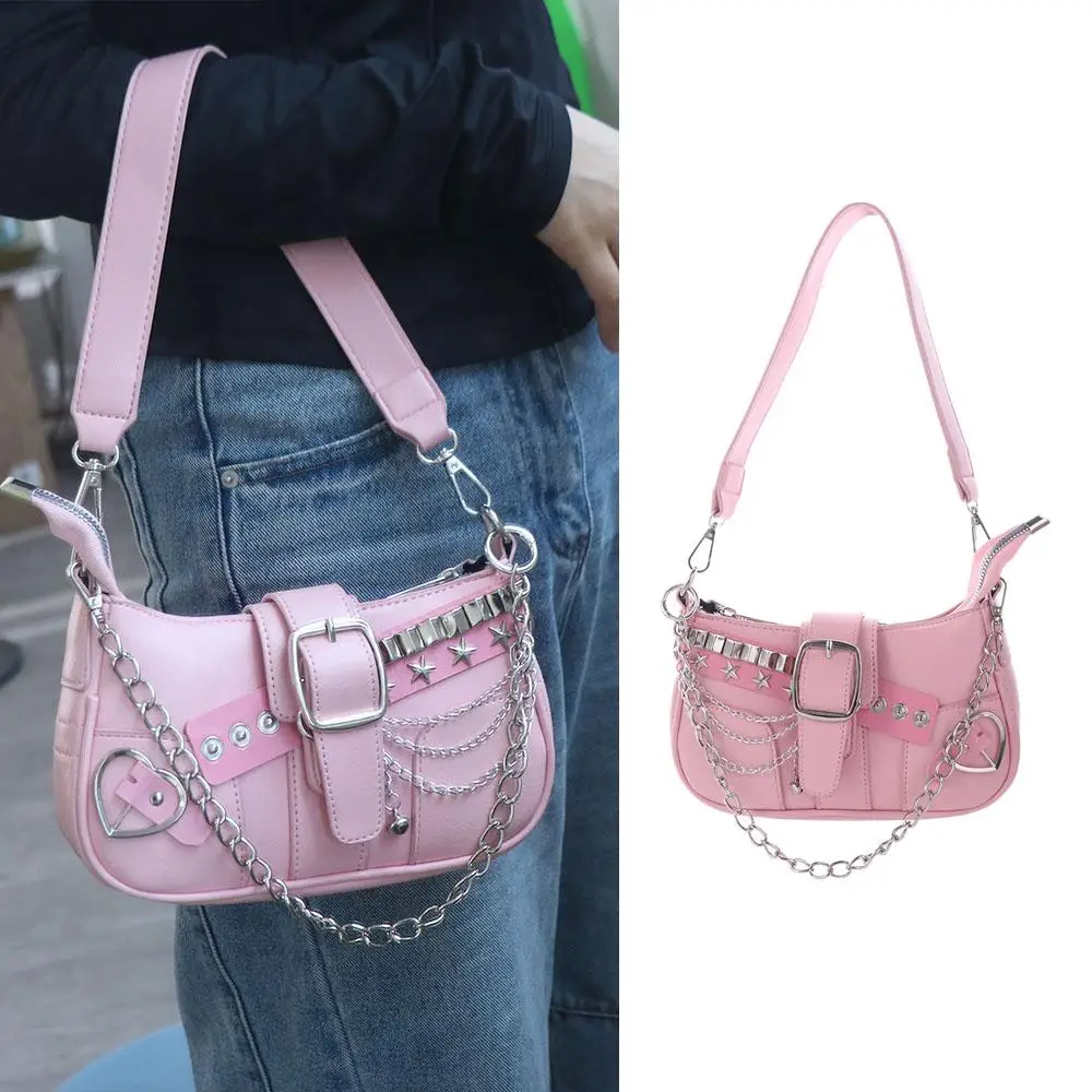 

Temperament Punk Y2k Underarm Bag Korean Style Love Heart Shoulder Bag Chain Metal Buckle Women's Handbag Spicy Girls