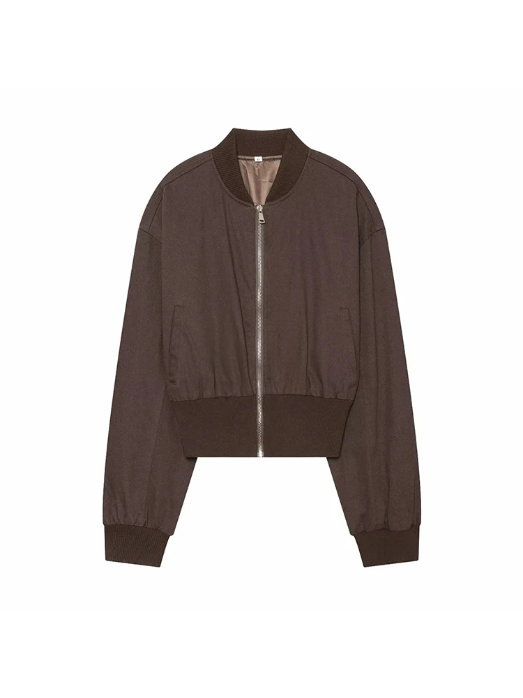 Women Autumn New Solid Color Cropped Bomber Jacket Women Ribbed Hem Collar Front Zipper Long Sleeve Casual Short Lady Jacket
