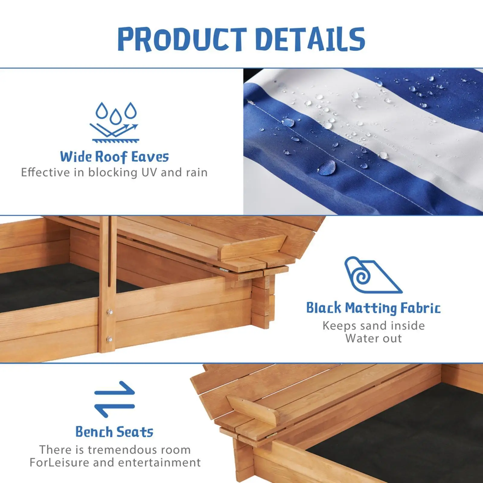 Kids Sandbox with Adjustable Cover, 46'' Wooden Sand Box with 2 Foldable