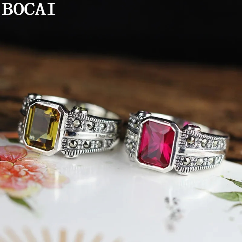 BOCAI S925 Sterling Silver Rings for Women New Fashion Square Natural Scottish-topaz Garnet CorundumPure Argentum Hand Jewelry