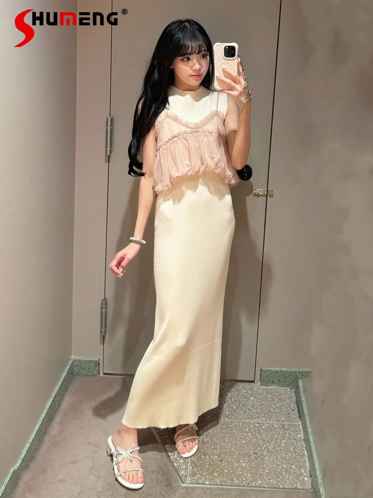 Japanese Elegant Sweet Mesh Ruffles Camisole Sling Top Sleeveless Turtleneck Knitted Slim Fit Long Dress Two-piece Set Women