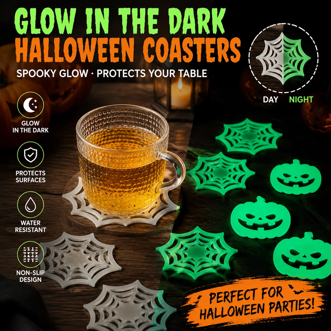 Halloween Spider Web Silicone Coaster Luminous Fluorescent Heat Insulation Cup Mat Glow In Dark Bar Drink Cup Holder Table Decor
