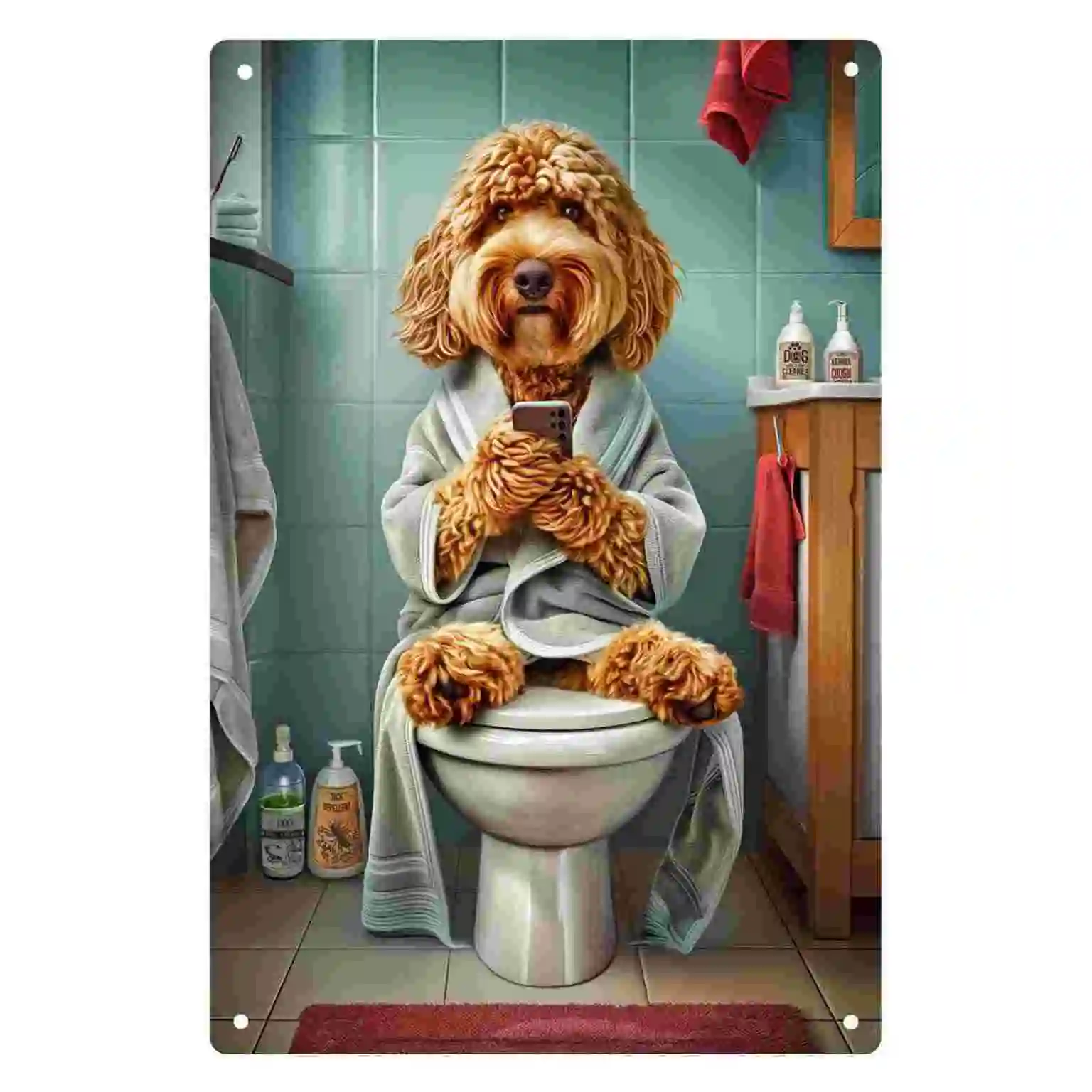 2D FLAT 1pc Funny Dog in Bathrobe Sitting on Toilet Bathroom Wall Sign Decoration for Home Cafe Garage Bedroom Porch And Garden