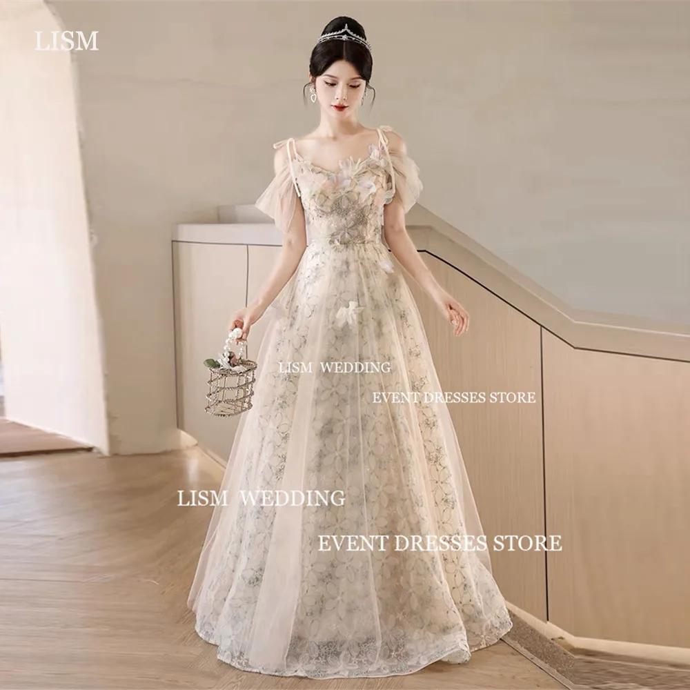 

LISM Fairy Flare Tulle A-Line Evening Dresses Korea Photo Shoot Spaghetti Strap Elegant Long Formal Occasion Dress For Women