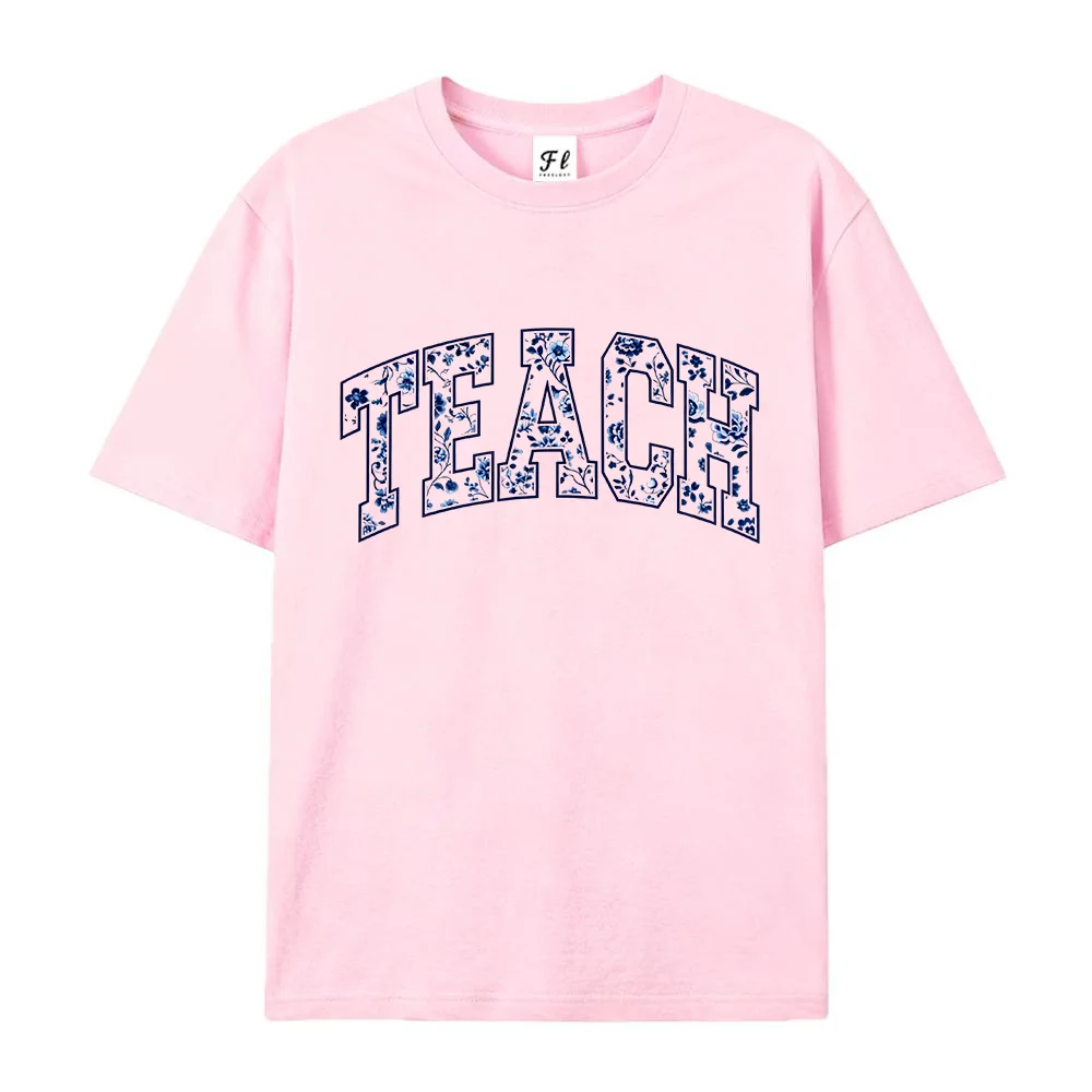 Women  TEACH Floral Letter Print T Shirt Teacher Life Appreciation Gift Short Sleeve Casual  Loose Cotton Tops