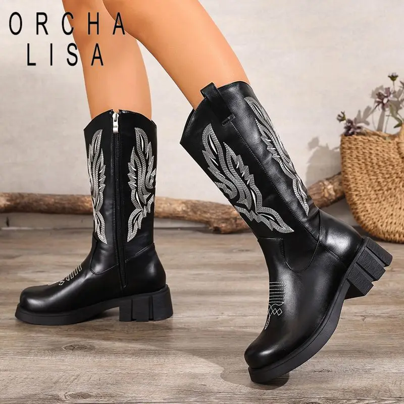 

ORCHA LISA Hot Cowboy Western Boots Round Toe 4.5cm Thick Heels Zipper Embroider Big Size 41 42 43 Vintage Mid Calf Bota Fall