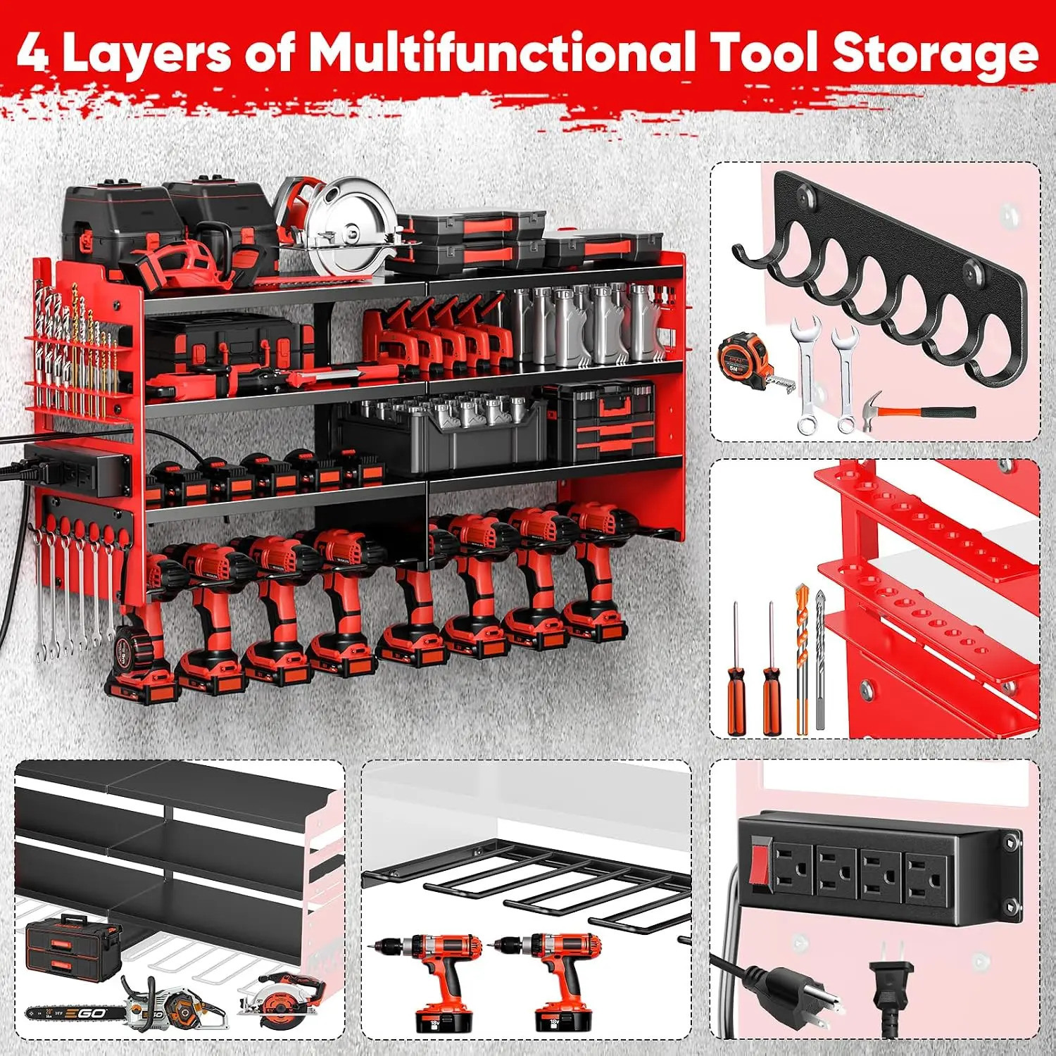 Heavy Duty Tool Organizer Wall Mount with Charging Station, 4-Tier Metal Shelf, 600lbs Capacity, 8 Drill Holders, 4-Outlet Power Strip - view 5