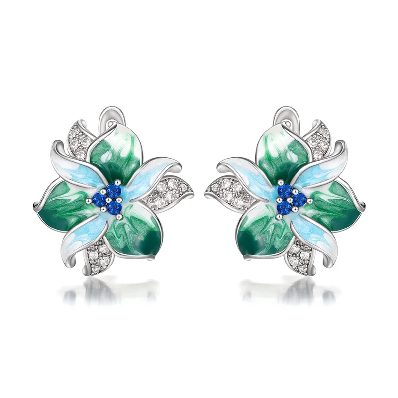 Huitan Green Blue Flower Earrings Women Inlay Sparkling Cubic Zirconia Fancy Anniversary Gift Newly Designed Flowers Ear Jewelry