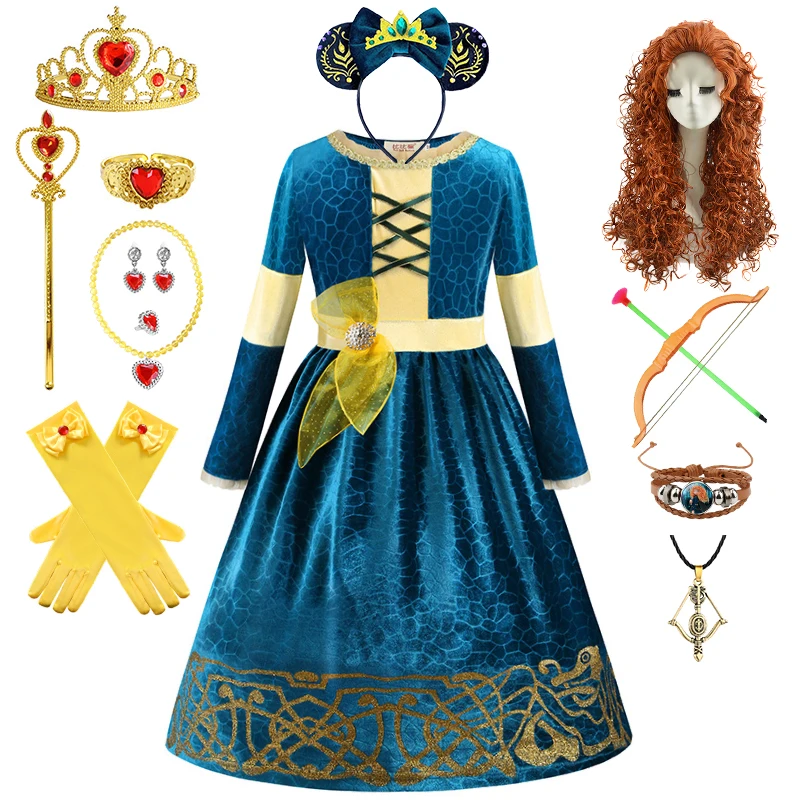 

Halloween Brave Disguise Children Girls Full Sleeve Queen Merida Princess Dress + Accessories Fancy Girl Birthday Party Costume