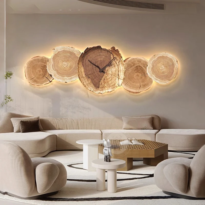 

Japanese style wooden style living room decoration painting annual ring hanging clock sofa background wall LED mural light