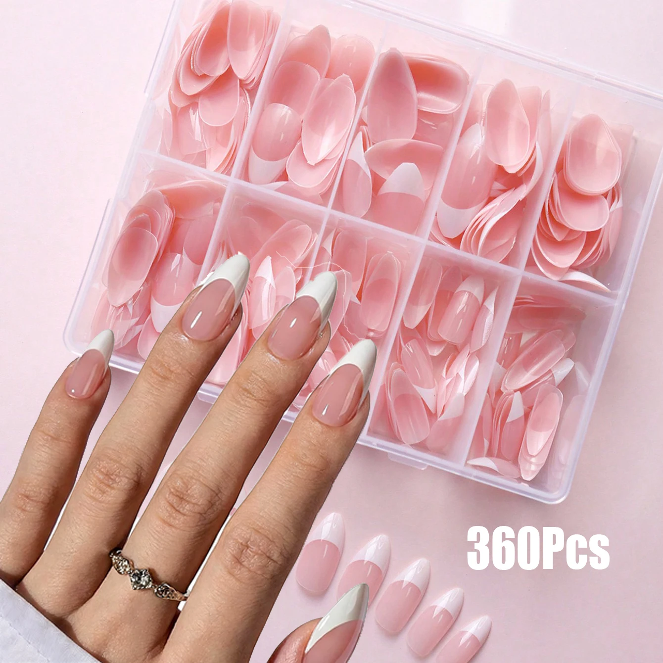 360Pcs French White Edge Nude Pink Almond Press on Nail Mixed Size Almond False Nail Summer for Stylish Girls Almond Fake nail