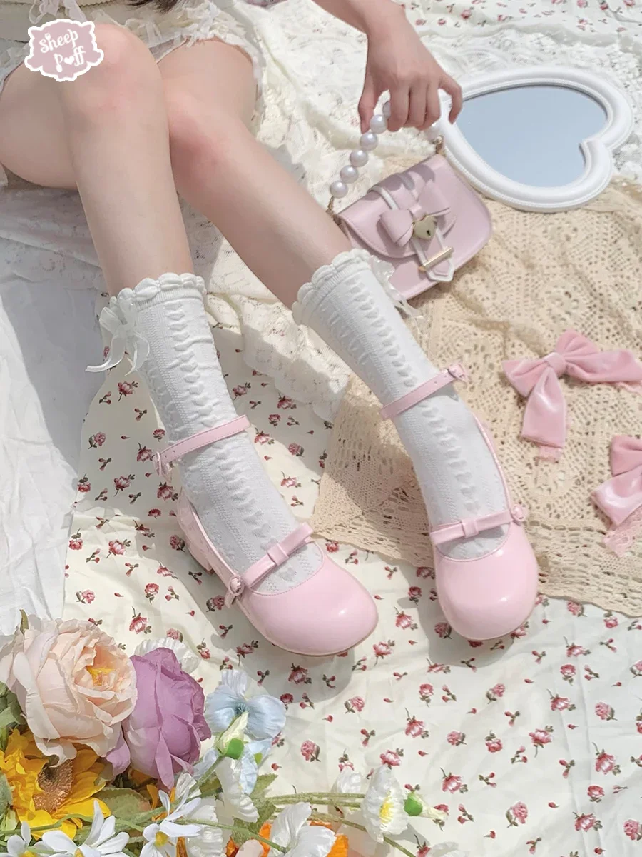 Zapatos de tacón de cuero con lazo para estudiantes, calzado de plataforma gruesa, Lolita, lindo y dulce