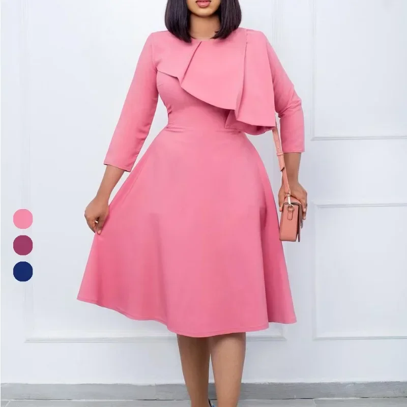 

African Dresses for Women Spring Autumn African Women Round Neck Polyester Solid Color Knee-length Dress African Clothes Women