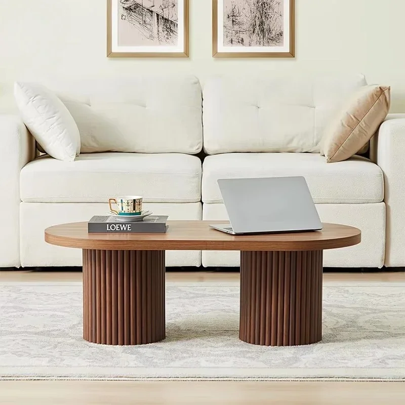 

grooved wooden coffee table, minimalist design, multiple finishes available, double column base, suitable for living room use