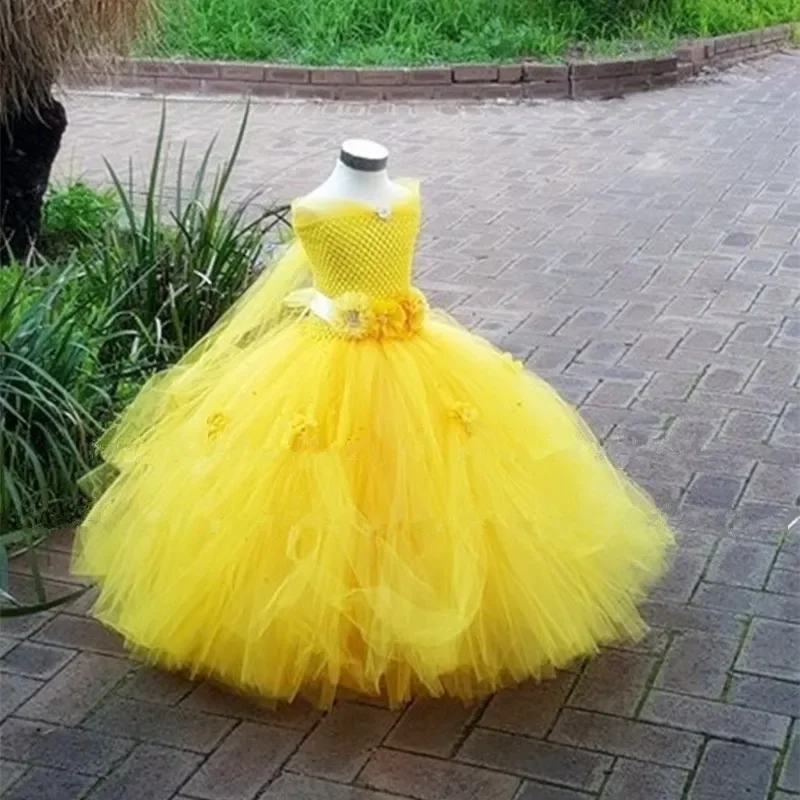 Belle Princess Baby Girls Dress Yellow Kids Baby Christmas Halloween Costumes Beauty Beast Cosplay Dress Flowers Girls Ball Gown