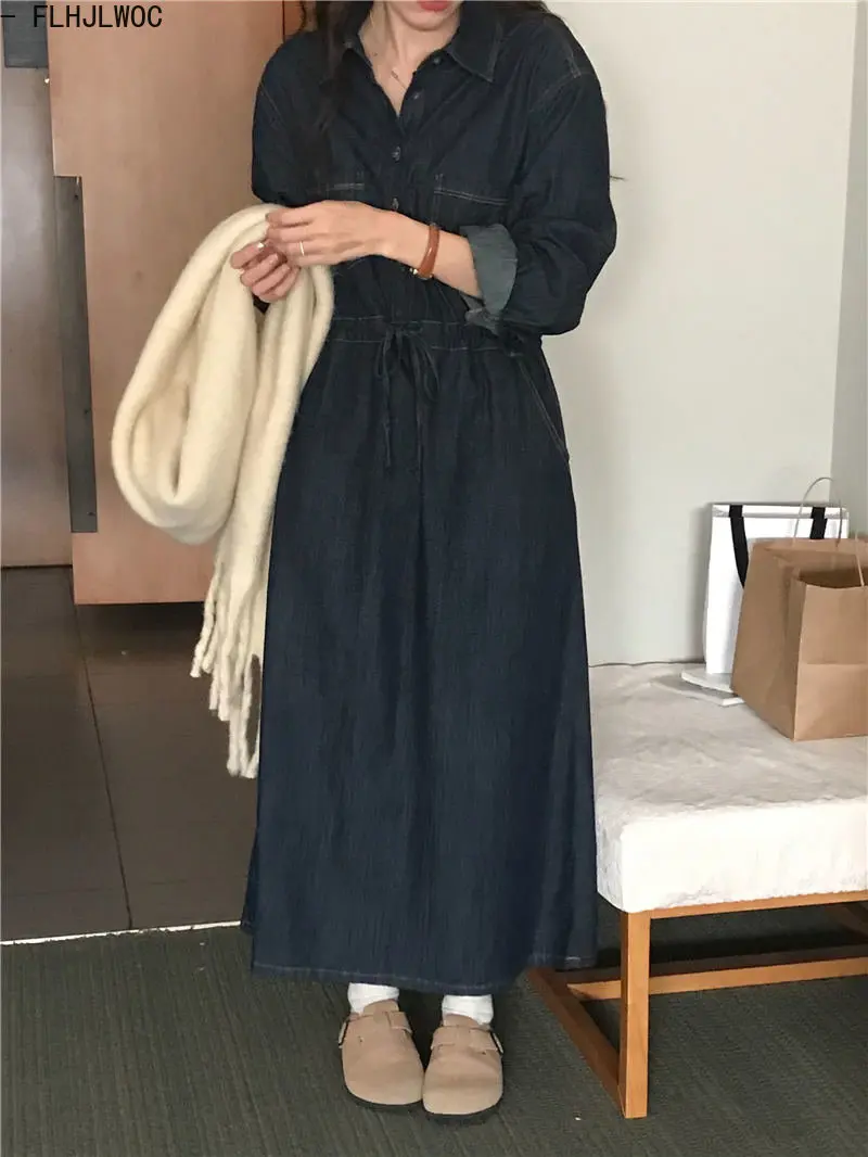 Denim Dresses New Design Woman Casual Cute Sweet Korea Chic Style Girls Retro Vintage Cotton Jeans Blue Long Denim Shirt Dress