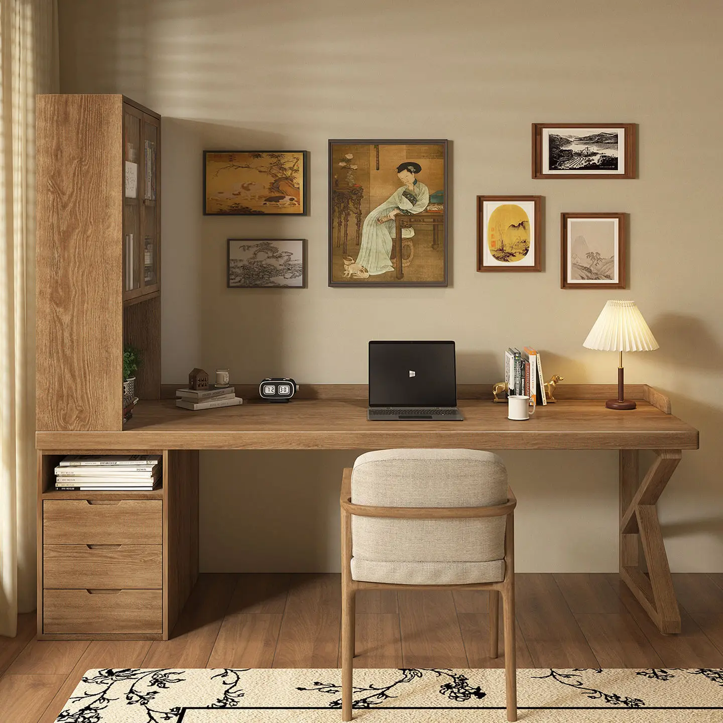 Medieval all-solid wood glass door double desk bookcase integrated household computer desk bedroom office study workbench