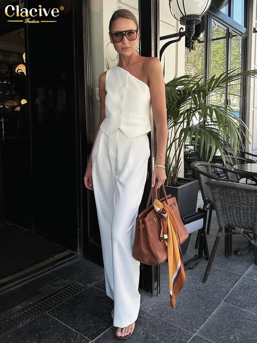 Clacive Fashion Slim White Office 2 Piece Sets Women Outfit 2024 Summer Sleeveless Tank Top With High Waist Pants Set Streetwear