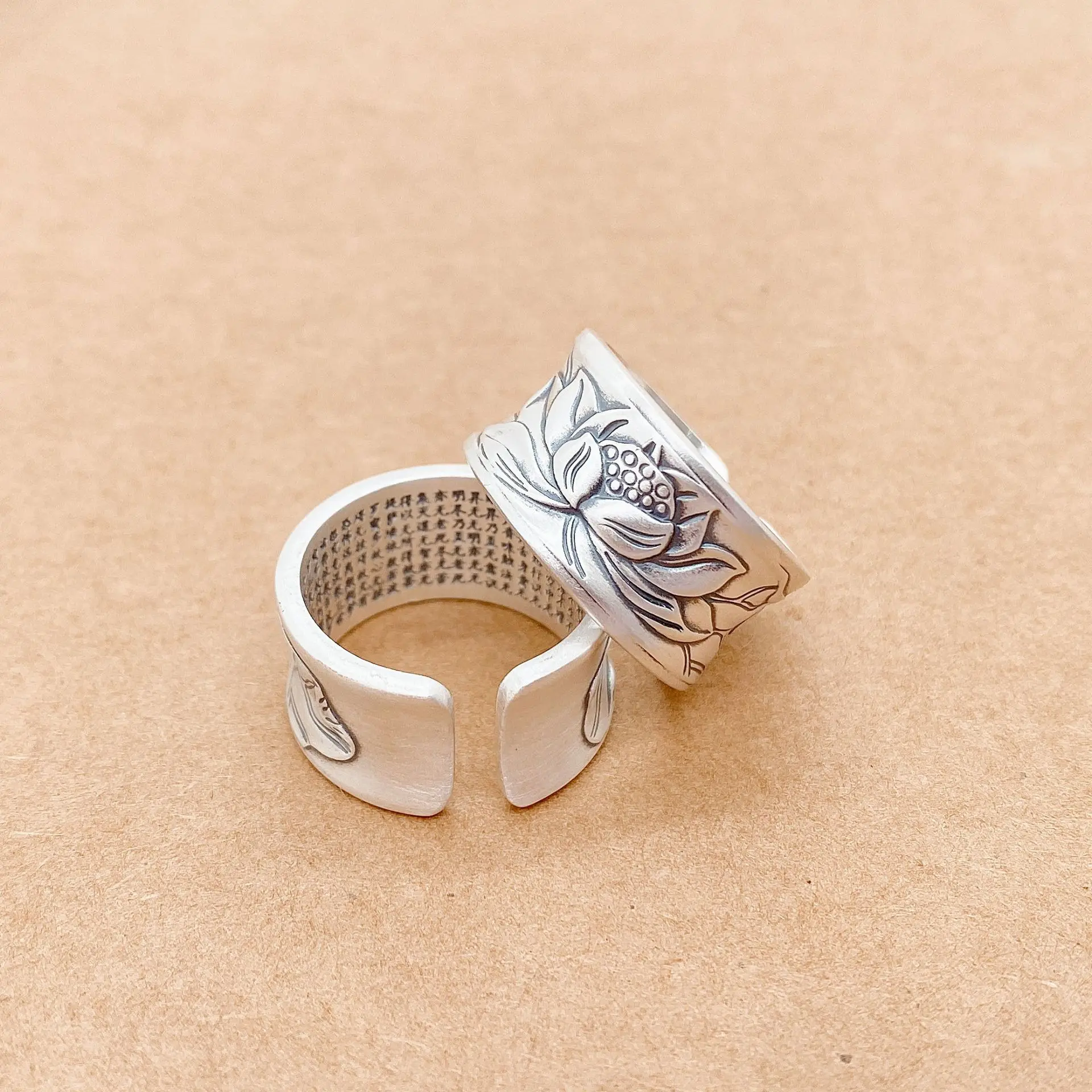 

BOCAI New 100%S999 Silver Cloisonne Vintage Wide Edition Lotus Heart Sutra Opening Ring