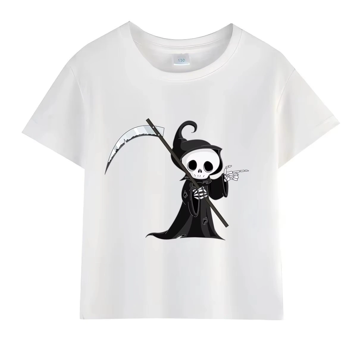 Unisex Cute Cartoon Grim Reaper Graphic T Shirt Kawaii Skeleton With Scythe Print Short Sleeve Crew Neck Halloween Casual Tee