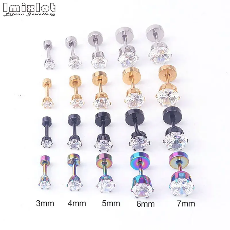 Women/Mens Stainless Steel Stud Earrings,3-7mm, Black,Golden,Silvery,Multicolour, Clear Crystal,Round,#0094