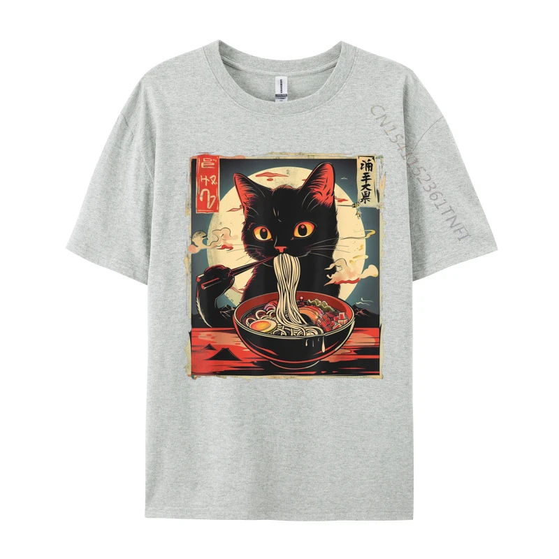 Retro Japanese Kawaii Cute Cat Eating Ramen Poster Casual Cotton Print Tops & Tees Special Adult T Shirt Printing Tee-Shirt