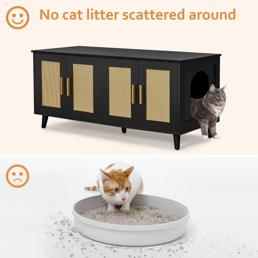 Wooden Double-Door Cat Litter Enclosure for Two Cats with Rattan Accents and Washroom Design