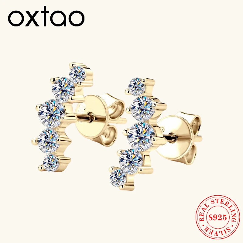 

Женские серьги-клипсы OXTAO с 5 камнями и муассанитом, серьги-гвоздики из 100% стерлингового серебра 925 пробы с улыбкой, изысканные ювелирные изделия с покрытием из 14-каратного золота