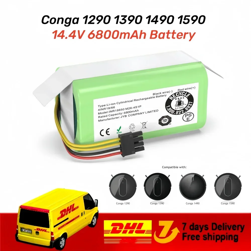 Batería de repuesto para Robot aspirador Conga 1290 1390 1490 1590, Proscenic Cocoa Smart 780T,790T 18650 4S1P 14,4 V 6800mAh