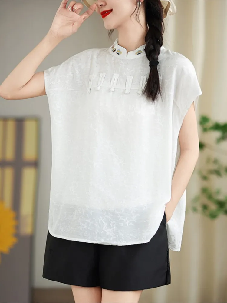 Oversized Summer Pullover Chinese Style Tops Women Print Embroidery Fashion Ladies Blouses Loose Casual Short Sleeve Woman Tops